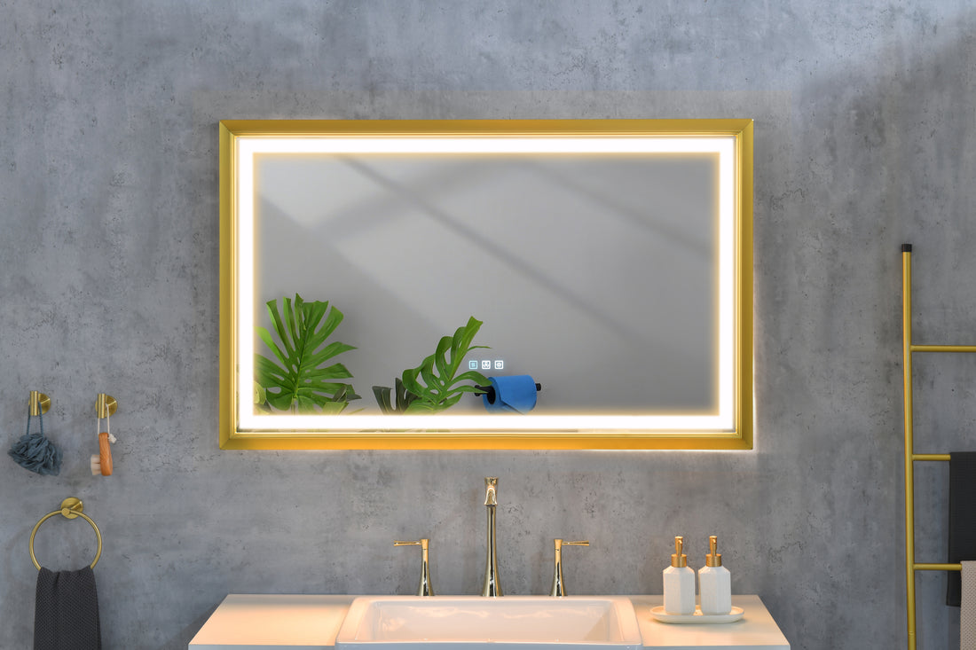 42 In. W X24 In. H Oversized Rectangular Black Framed Led Mirror Anti Fog Dimmable Wall Mount Bathroom Vanity Mirror Gold Aluminium