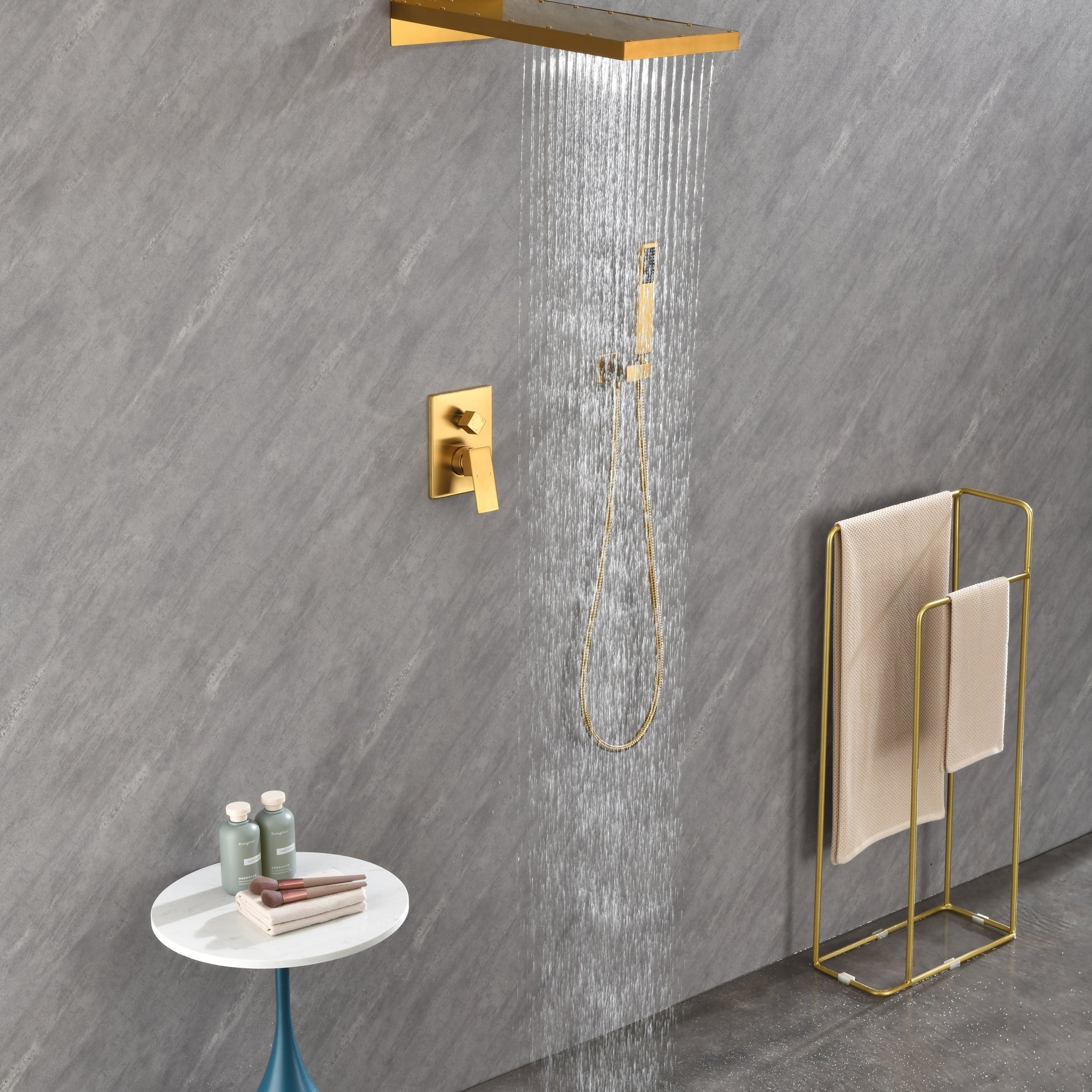 Shower System,Waterfall Rainfall Shower Head With Handheld, Shower Faucet Set For Bathroom Wall Mounted Gold Brass