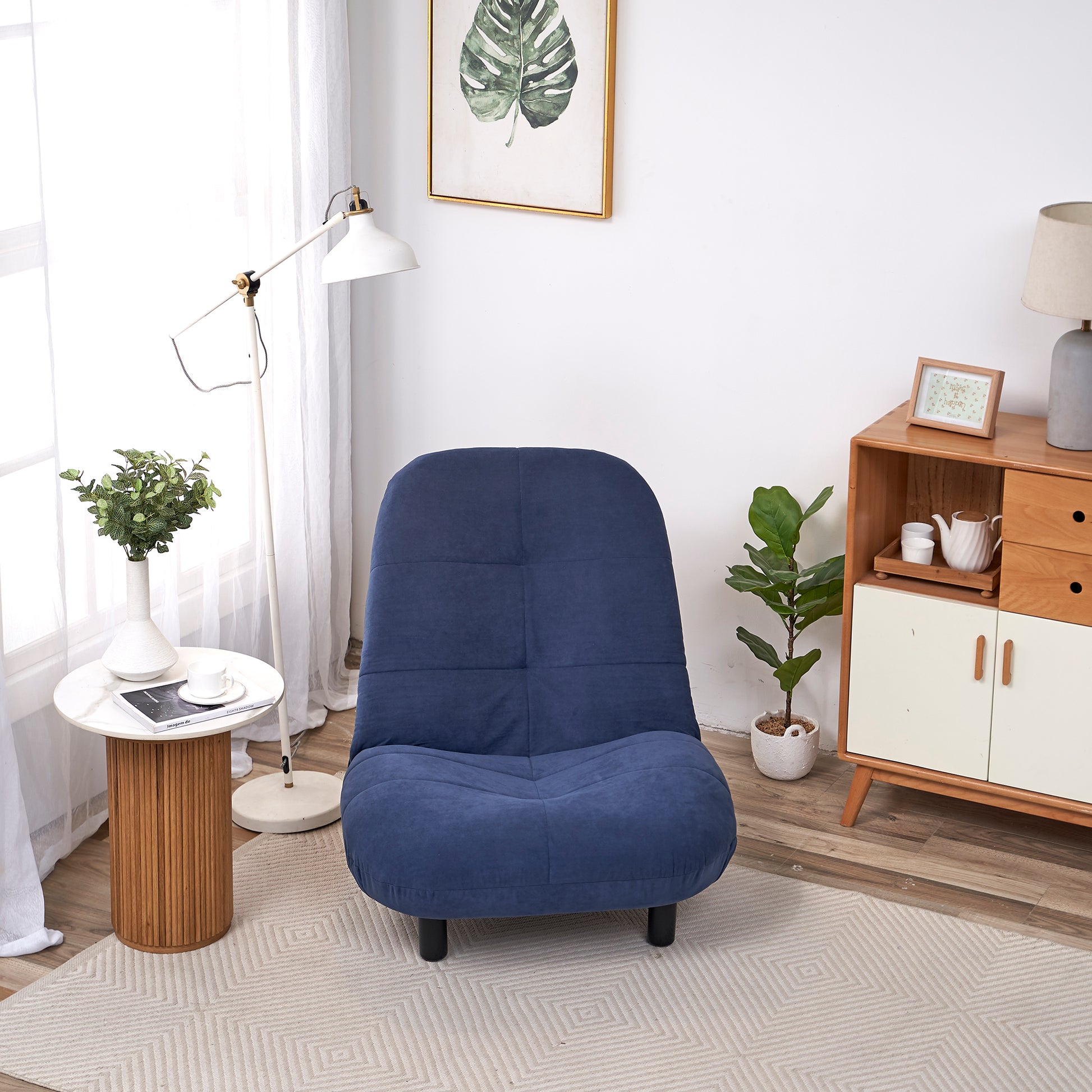 Single Sofa Reclining Chair Japanese Chair Lazy Sofa Tatami Balcony Reclining Chair Leisure Sofa Adjustable Chair Navy Blue Cotton Metal