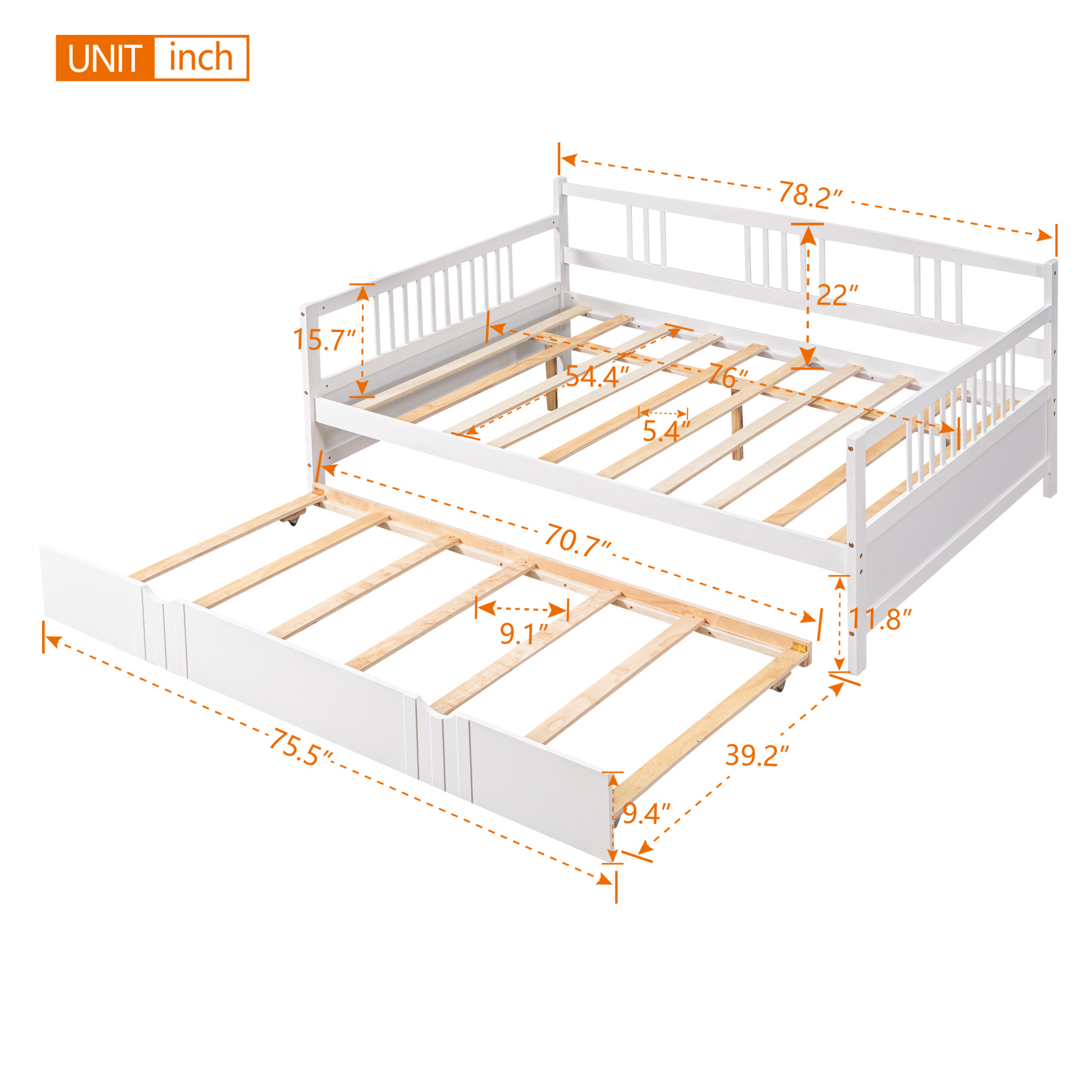 Full Size Daybed Wood Bed With Twin Size Trundle,White White Solid Wood