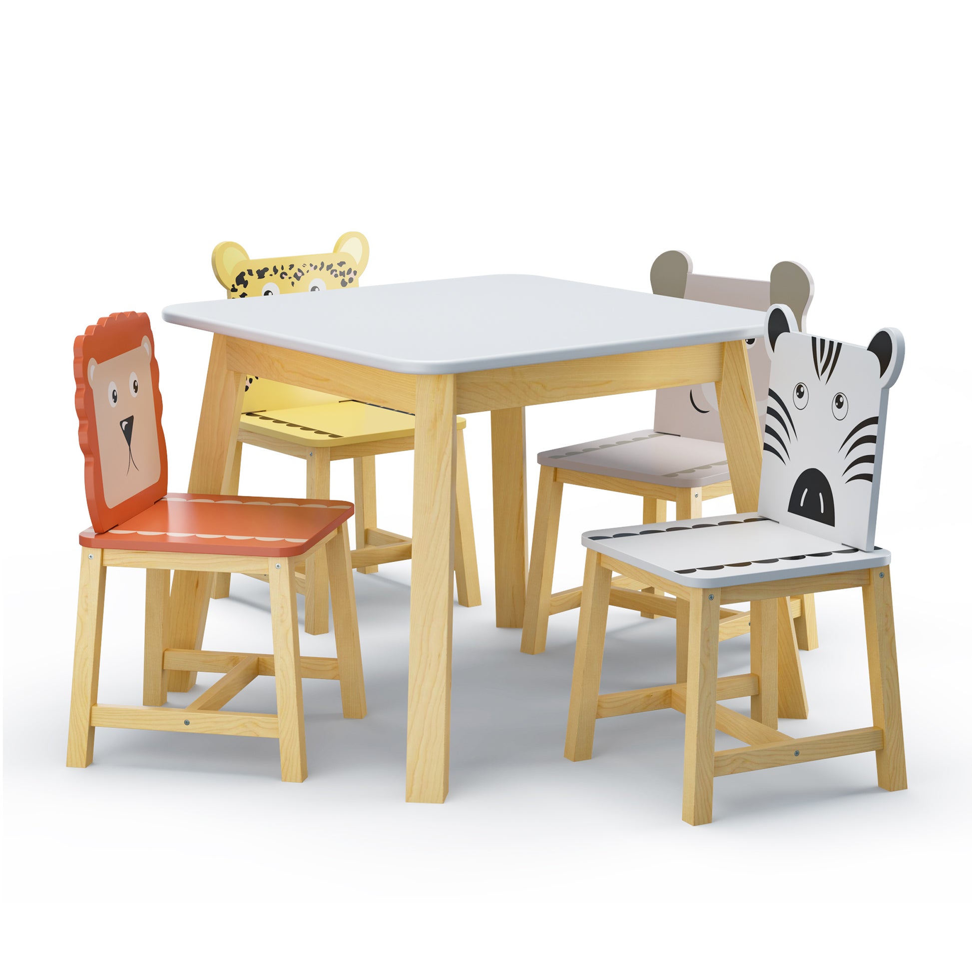 5 Piece Kiddy Table And Chair Setkids Wood Table With 4 Chairs Set Cartoon Animals Bigger Table 3 8 Years Old White Solid Wood