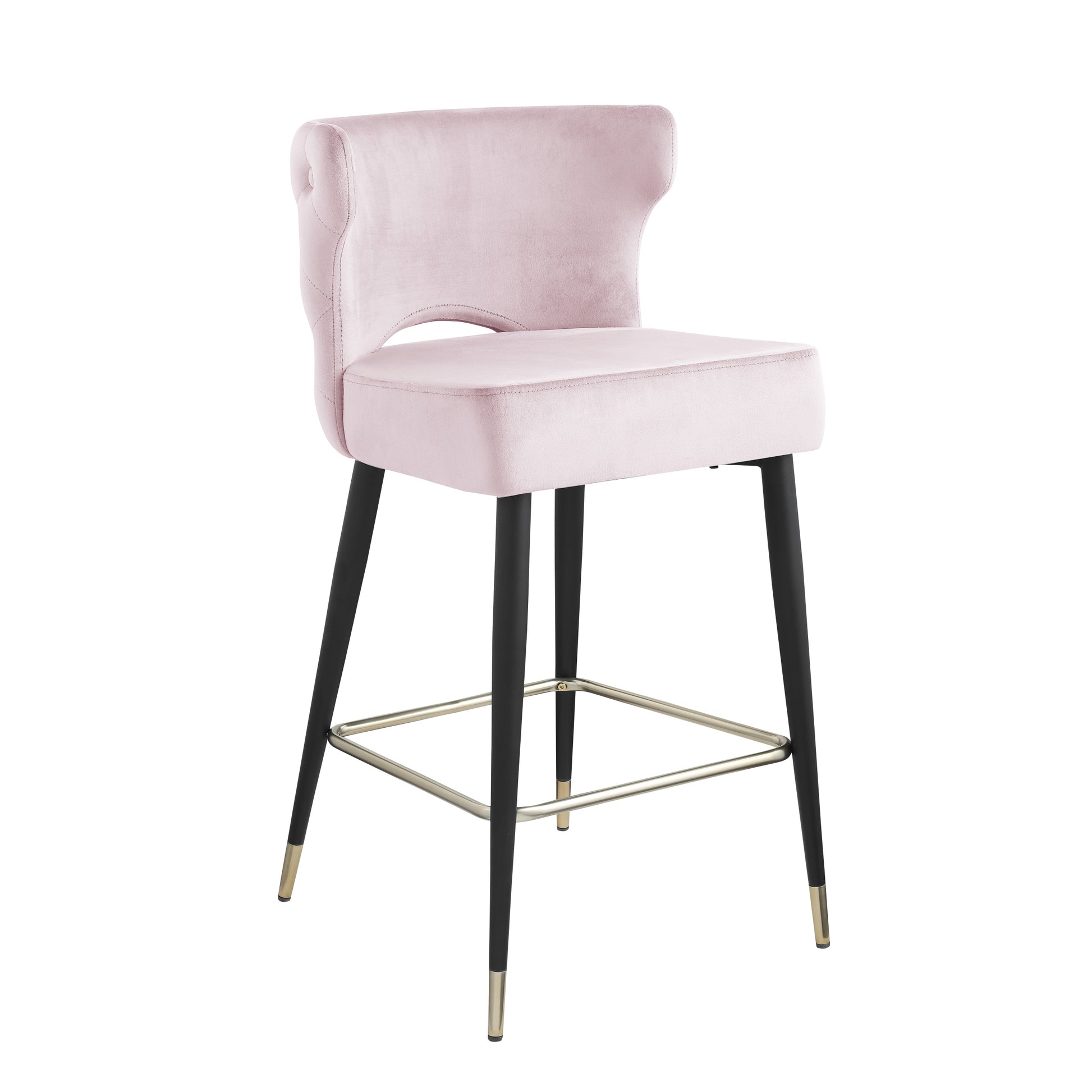 Woker Furniure Contemporary Velvet Upholstered Counter Height Stool With Gold Tipped, Black Metal Legs, 22" W X 19" D X 38.5" H, Light Pink Light Pink Foam Metal