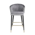 Contemporary Velvet Upholstered Counter Height Stool With Deep Channel Tufting And Gold Tipped, Black Metal Legs, 20