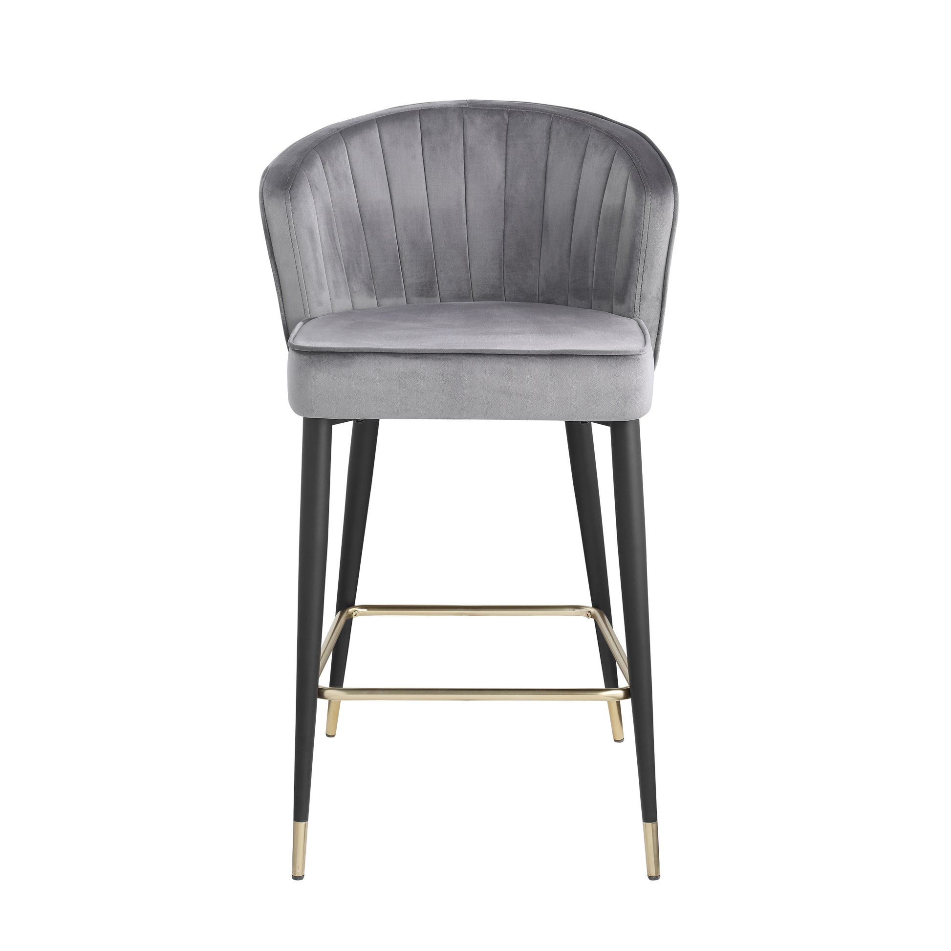 Contemporary Velvet Upholstered Counter Height Stool With Deep Channel Tufting And Gold Tipped, Black Metal Legs, 20" W X 21" D X 36.5" H, Gray Gray Foam Metal