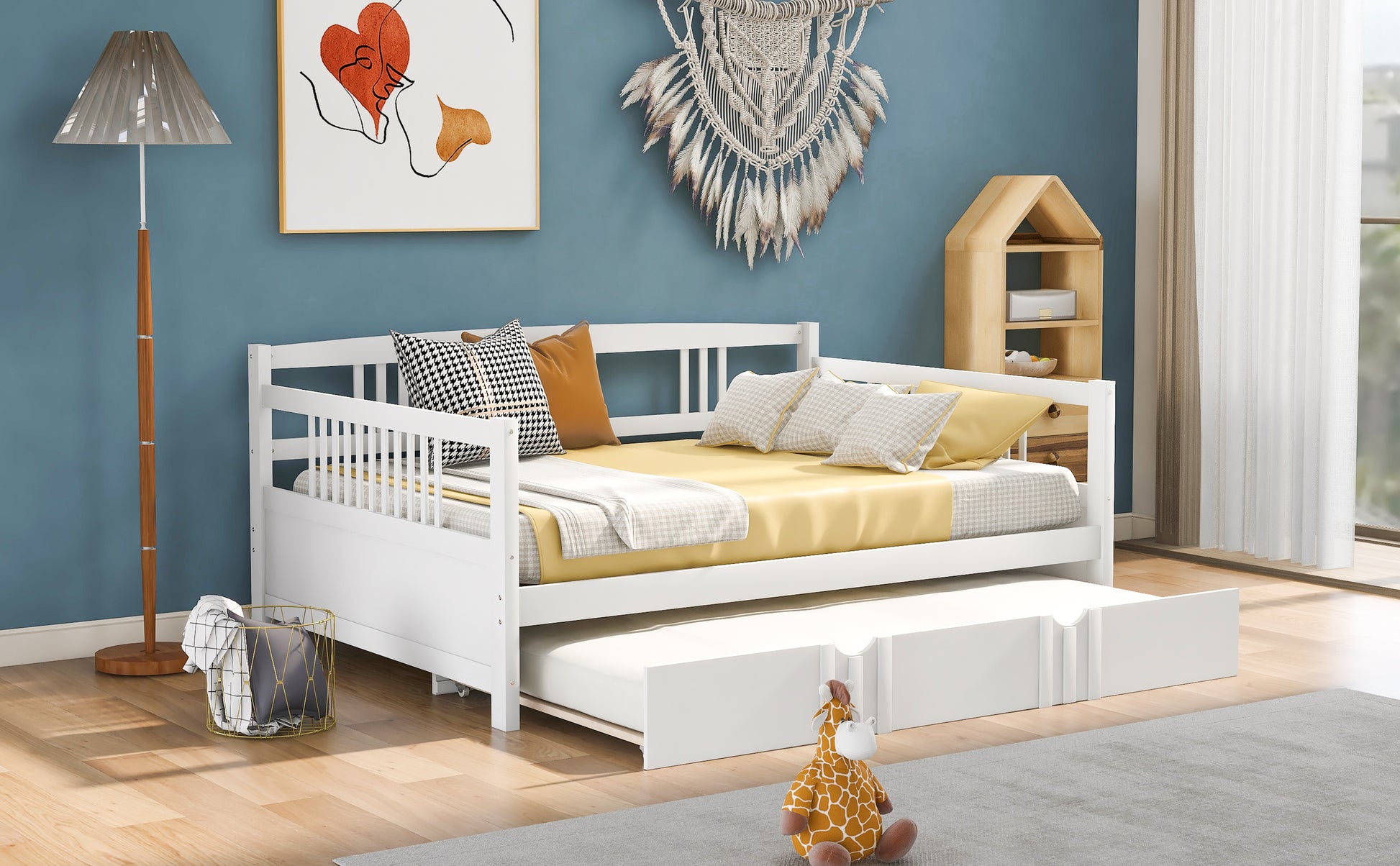 Full Size Daybed Wood Bed With Twin Size Trundle,White White Solid Wood