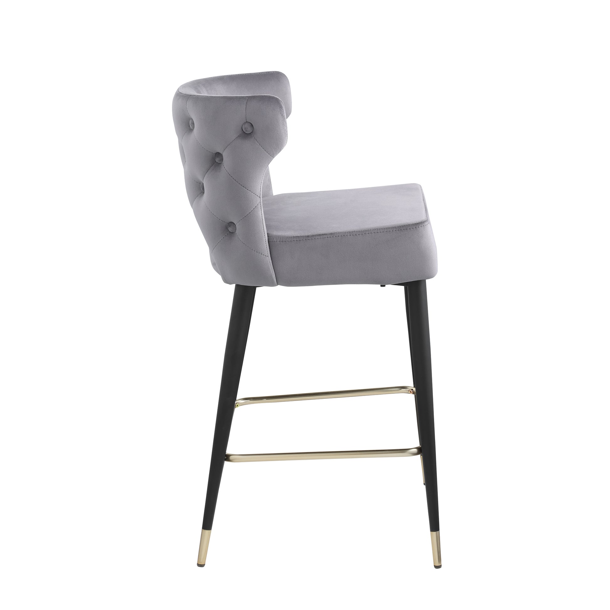 Contemporary Velvet Upholstered Counter Height Stool With Gold Tipped, Black Metal Legs, 22" W X 19" D X 38.5" H, Gray Gray Foam Metal