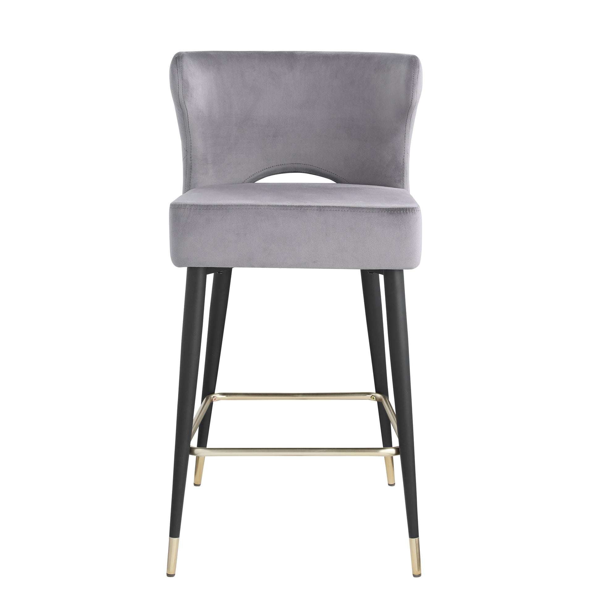 Contemporary Velvet Upholstered Counter Height Stool With Gold Tipped, Black Metal Legs, 22" W X 19" D X 38.5" H, Gray Gray Foam Metal