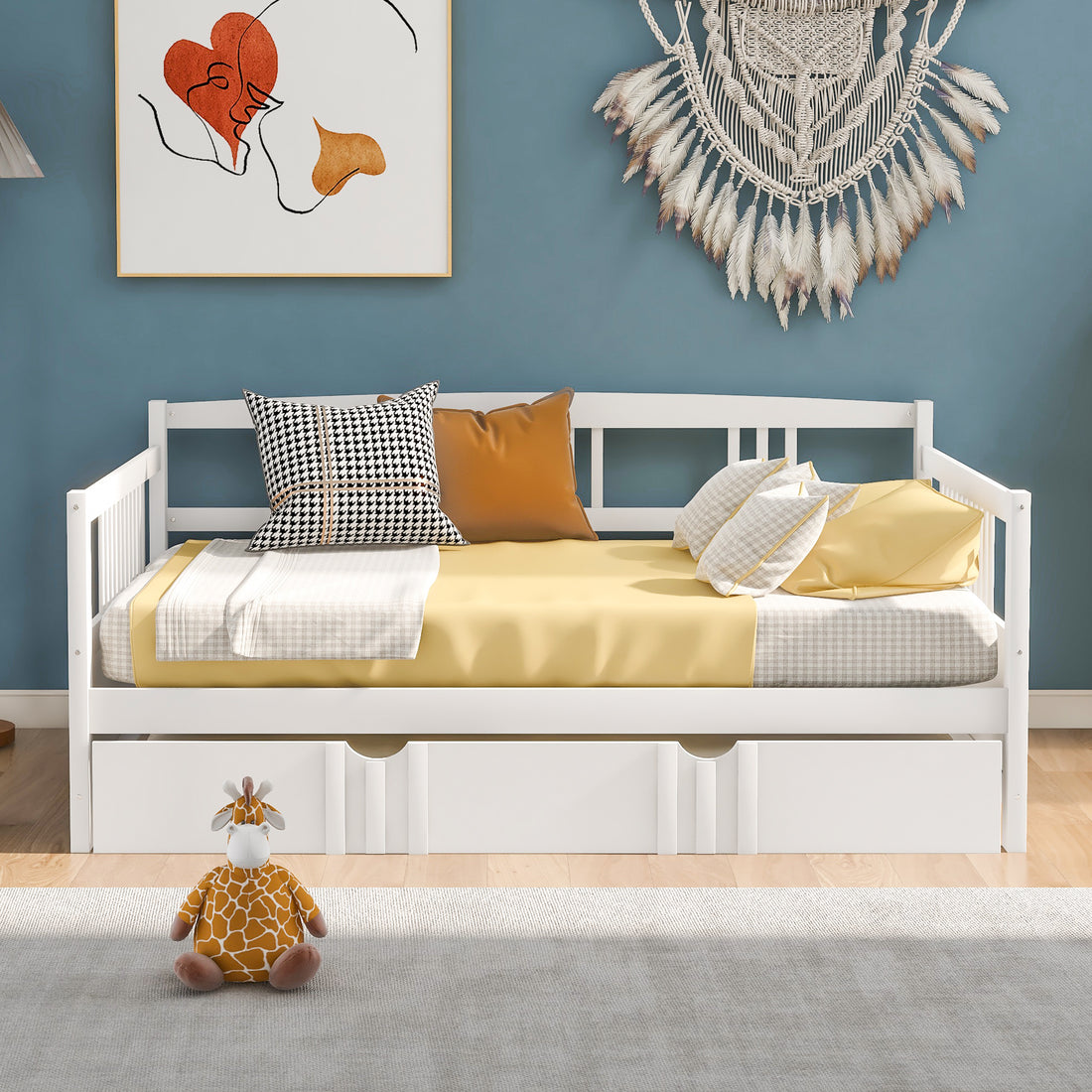 Full Size Daybed Wood Bed With Twin Size Trundle,White White Solid Wood