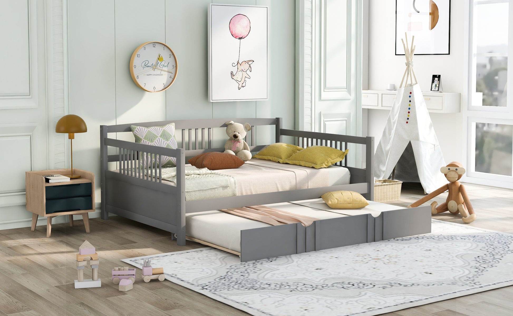 Full Size Daybed Wood Bed With Twin Size Trundle,Gray Gray Solid Wood