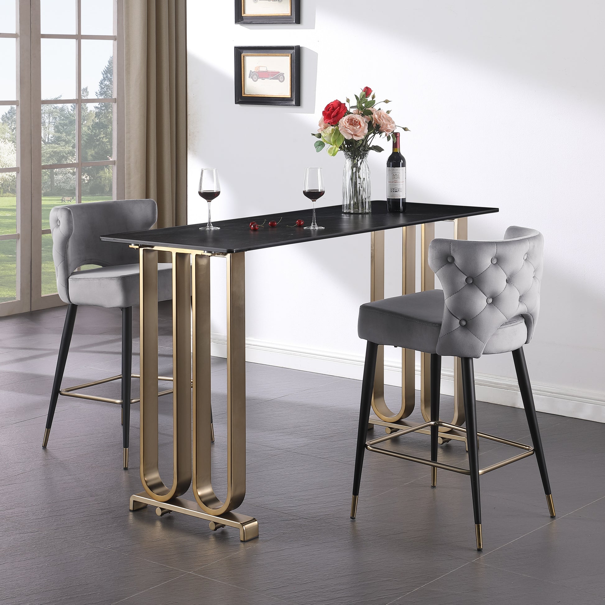 Contemporary Velvet Upholstered Counter Height Stool With Gold Tipped, Black Metal Legs, 22" W X 19" D X 38.5" H, Gray Gray Foam Metal