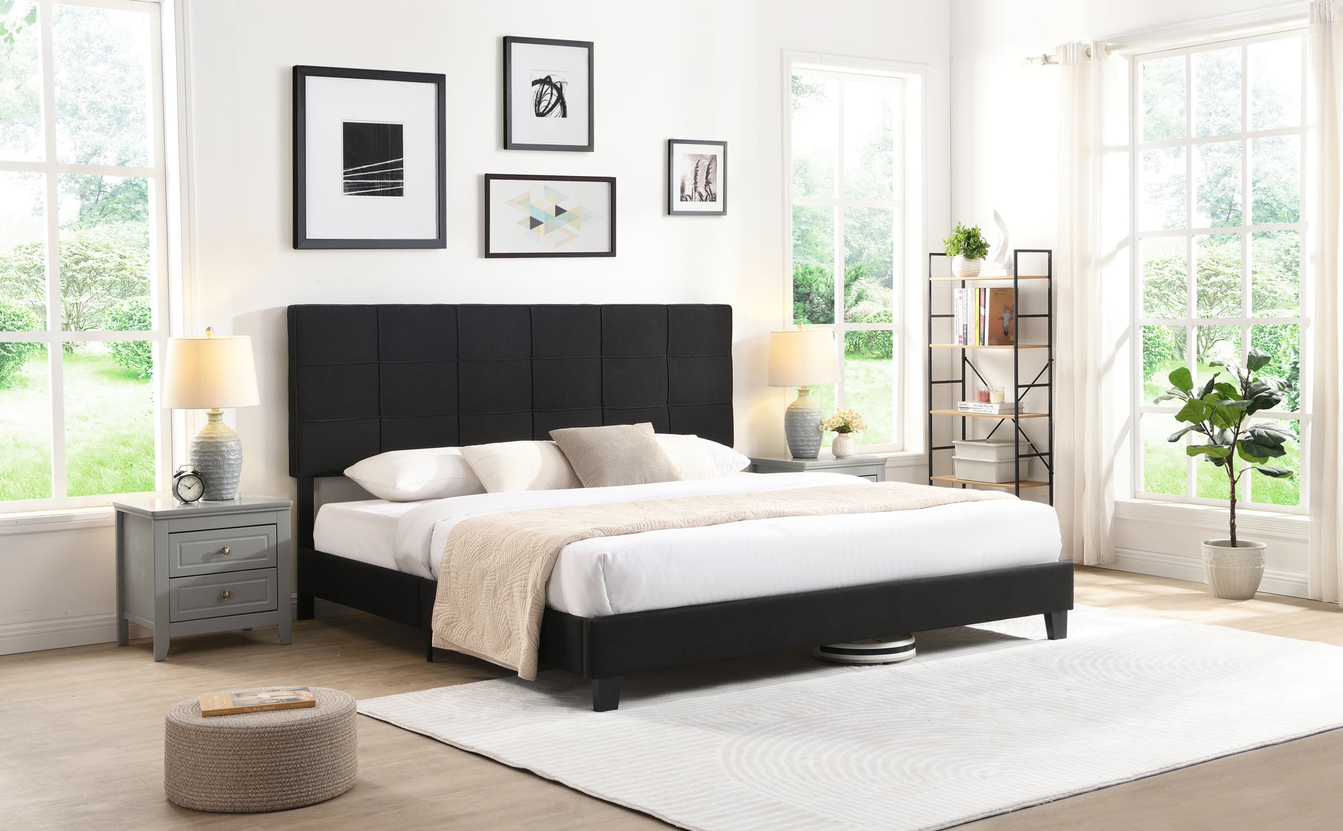 King Size Upholstered Platform Bed Frame With Linen Fabric Headboard, No Box Spring Needed, Wood Slat Support, Easy Assembly, Black Black Fabric