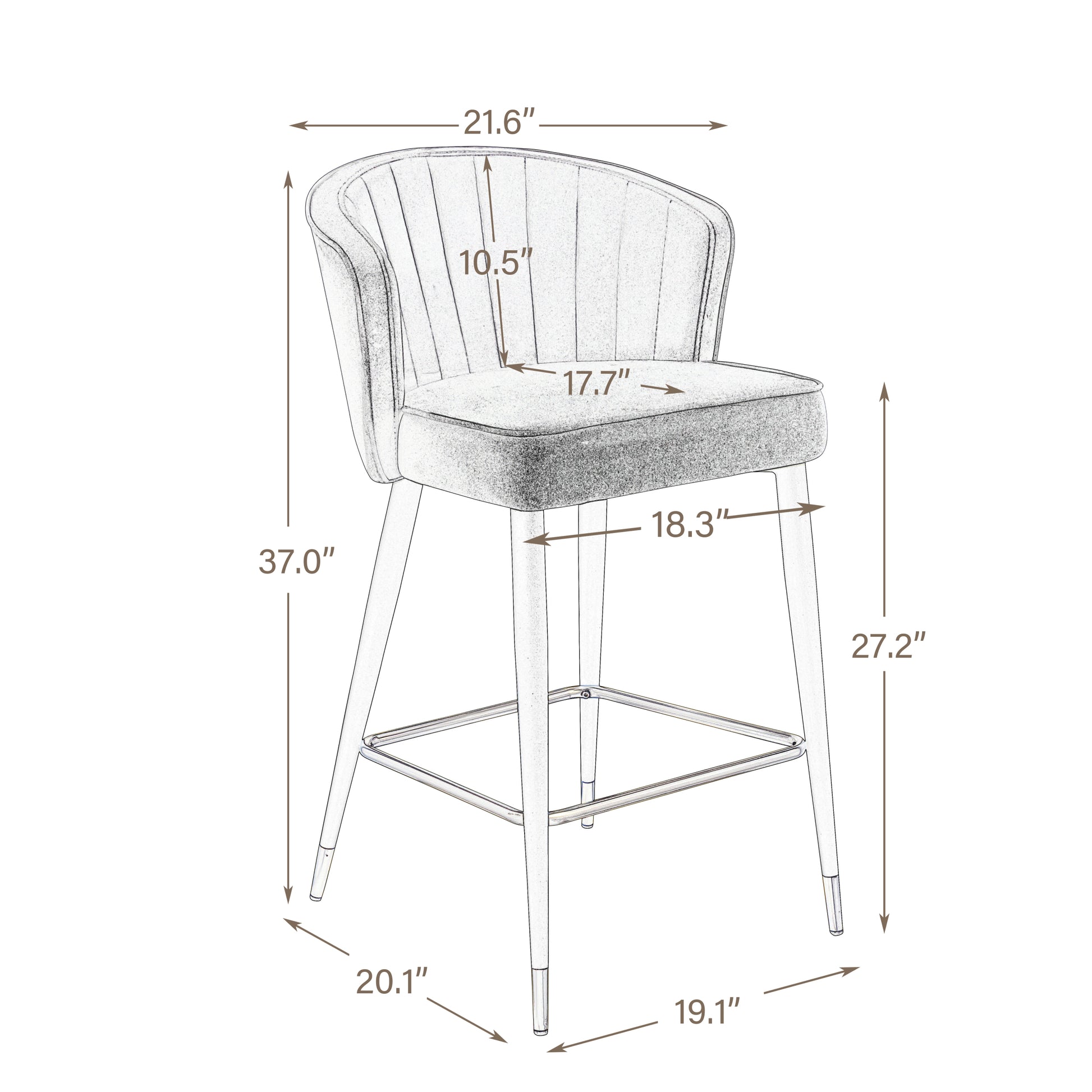 Contemporary Velvet Upholstered Counter Height Stool With Deep Channel Tufting And Gold Tipped, Black Metal Legs, 20" W X 21" D X 36.5" H, Gray Gray Foam Metal