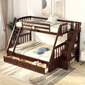 Twin Over Full Bunk Bed With Drawers Ladder And Storage Staircase, Espresso Espresso Solid Wood Mdf