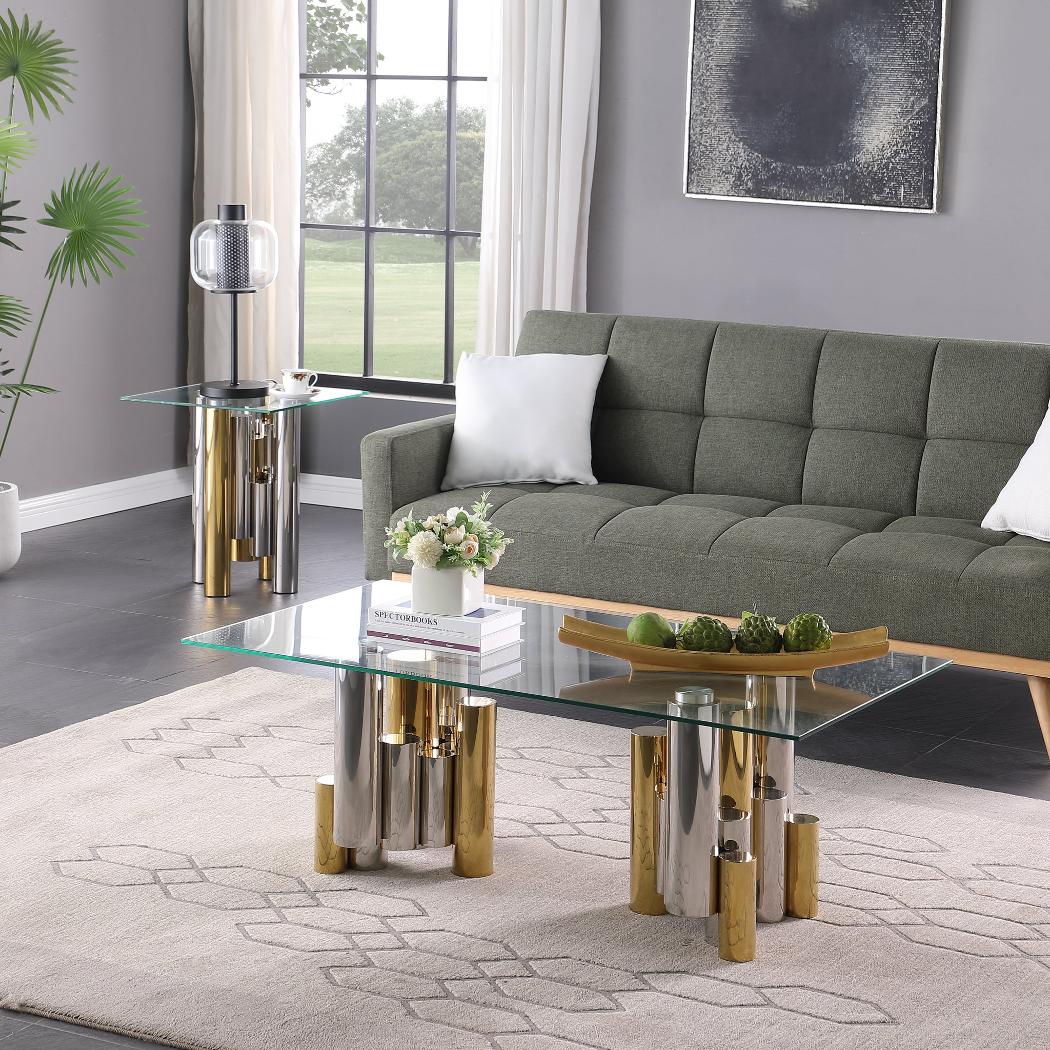 Stainless Steel Rectangular Accent Glass Coffee Table For Living Room 48" Modern Sleek Center Table Table With Clear Tempered Glass Polished Golden Stainless Steel