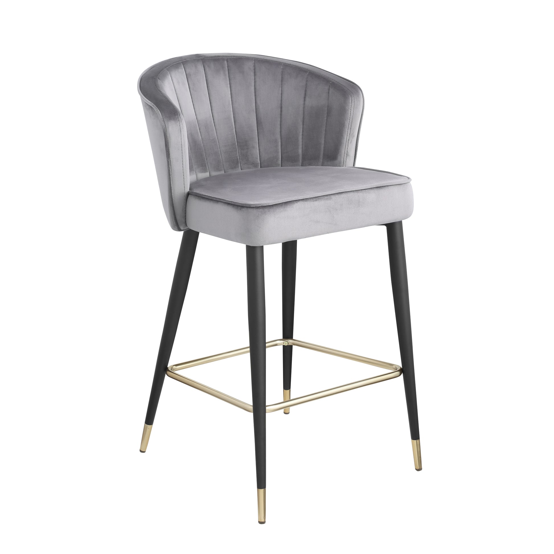 Contemporary Velvet Upholstered Counter Height Stool With Deep Channel Tufting And Gold Tipped, Black Metal Legs, 20" W X 21" D X 36.5" H, Gray Gray Foam Metal