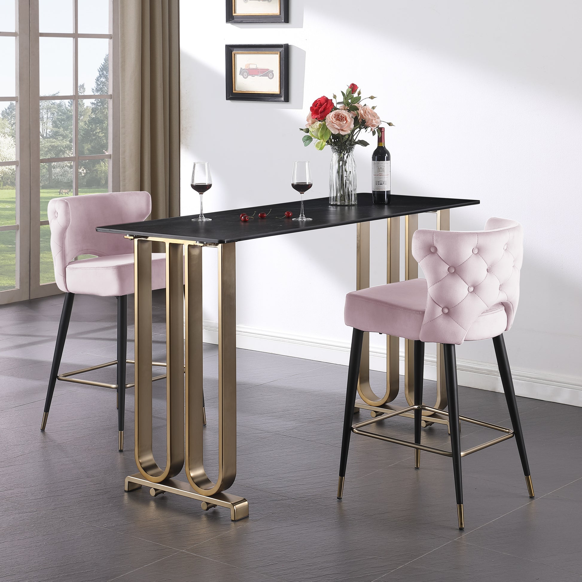 Woker Furniure Contemporary Velvet Upholstered Counter Height Stool With Gold Tipped, Black Metal Legs, 22" W X 19" D X 38.5" H, Light Pink Light Pink Foam Metal