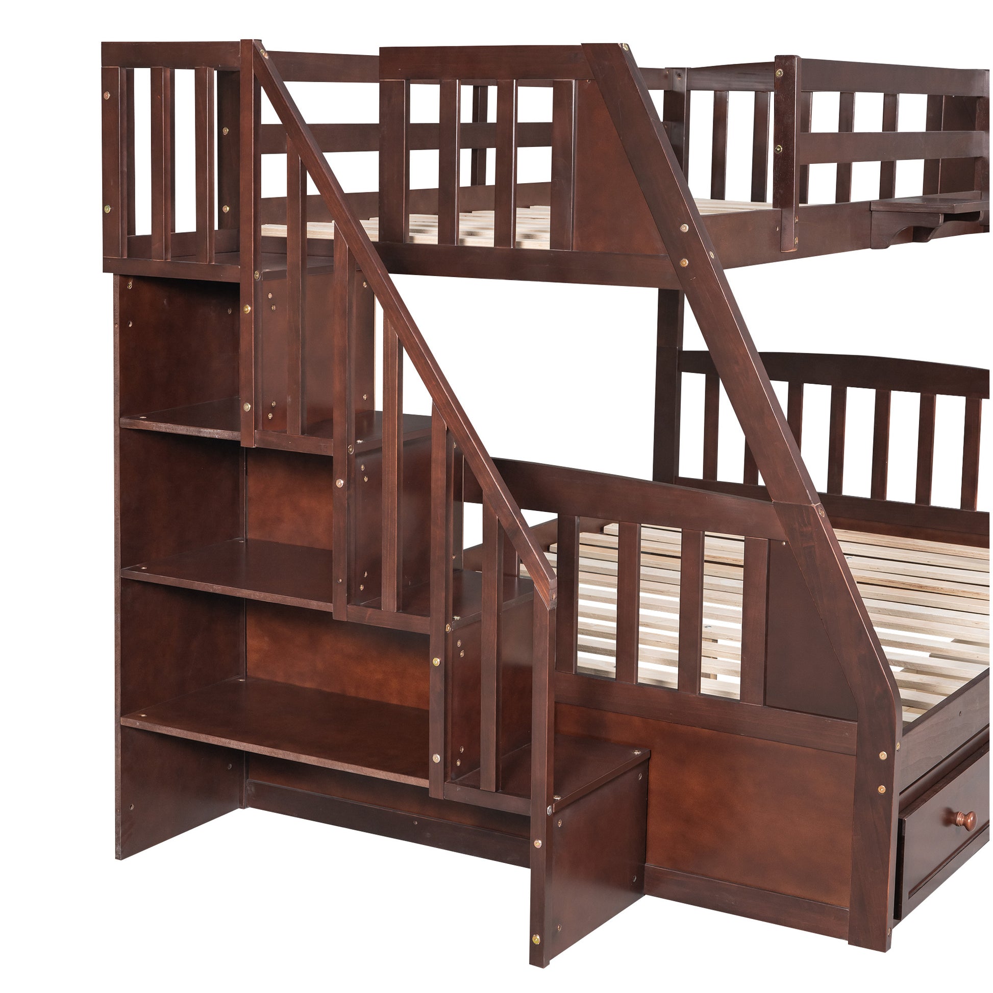 Twin Over Full Bunk Bed With Drawers Ladder And Storage Staircase, Espresso Espresso Solid Wood Mdf