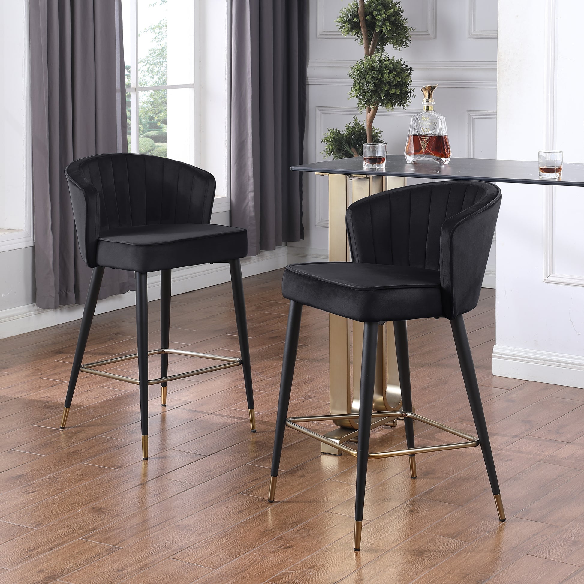 Contemporary Velvet Upholstered Counter Height Stool With Deep Channel Tufting And Gold Tipped, Black Metal Legs, 20" W X 21" D X 36.5" H, Black Black Foam Metal