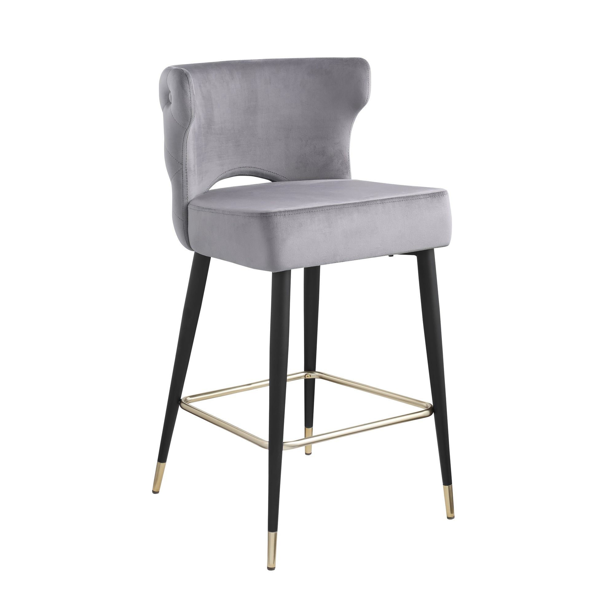 Contemporary Velvet Upholstered Counter Height Stool With Gold Tipped, Black Metal Legs, 22" W X 19" D X 38.5" H, Gray Gray Foam Metal