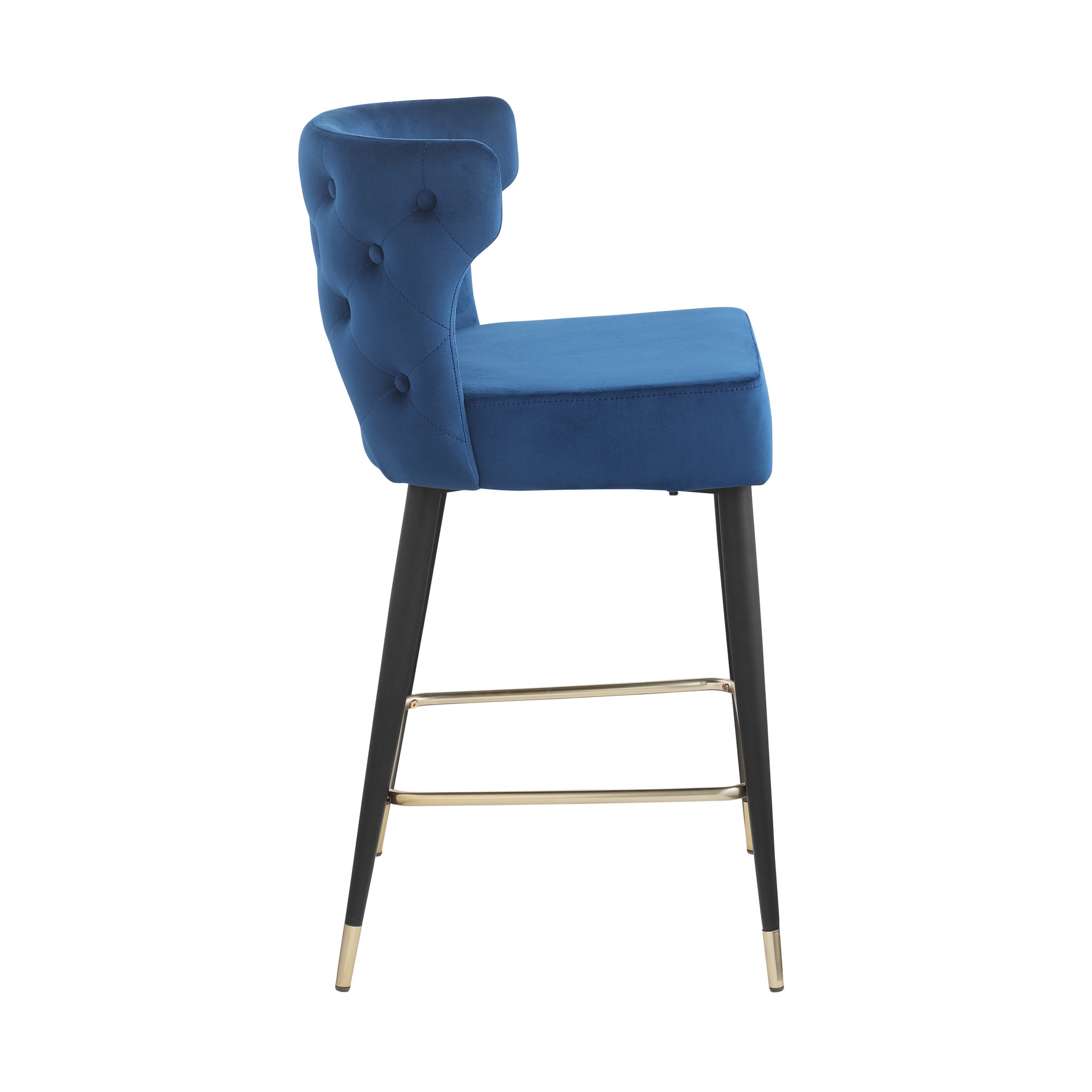 Contemporary Velvet Upholstered Counter Height Stool With Gold Tipped, Black Metal Legs, 22" W X 19" D X 38.5" H, Blue Blue Foam Metal