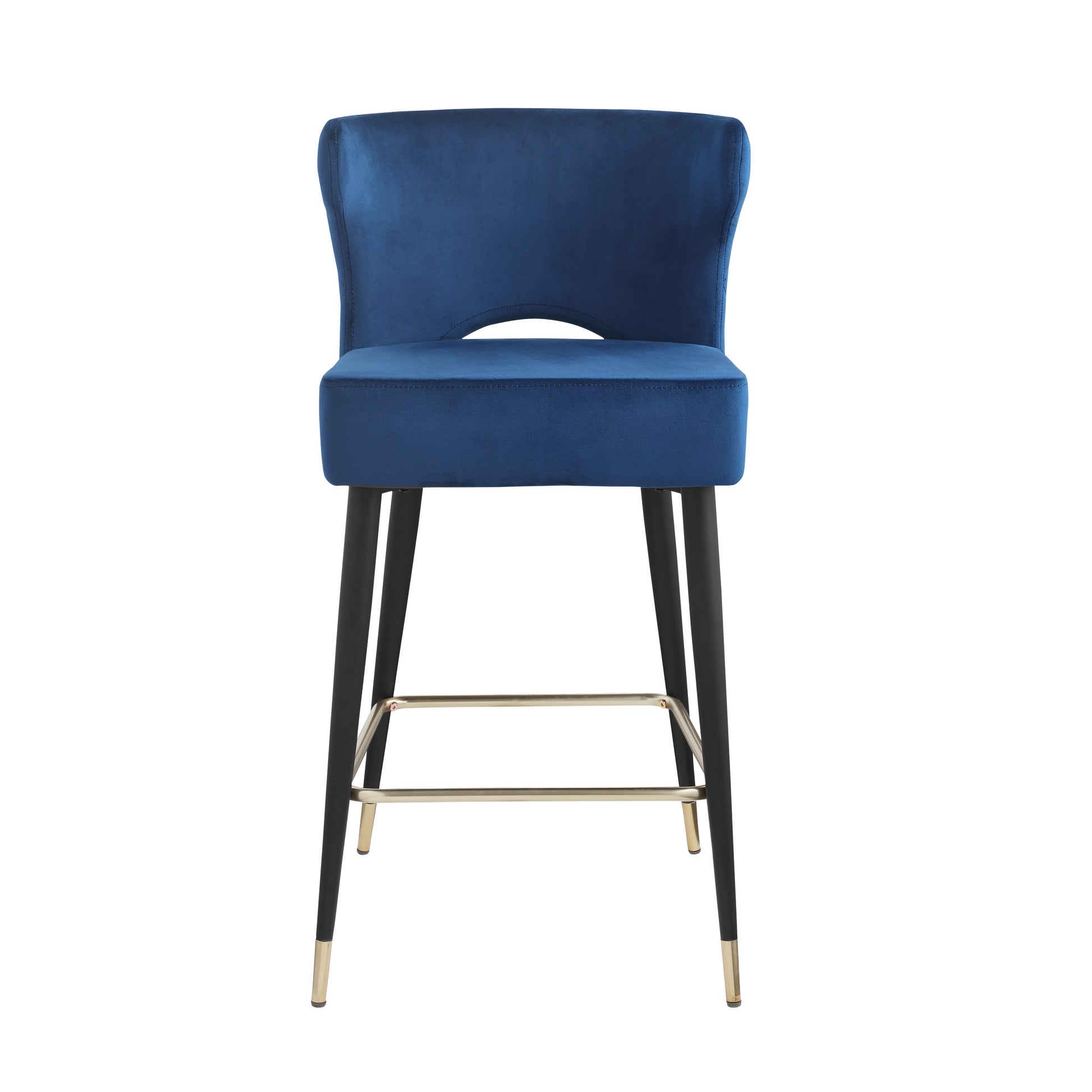 Contemporary Velvet Upholstered Counter Height Stool With Gold Tipped, Black Metal Legs, 22" W X 19" D X 38.5" H, Blue Blue Foam Metal