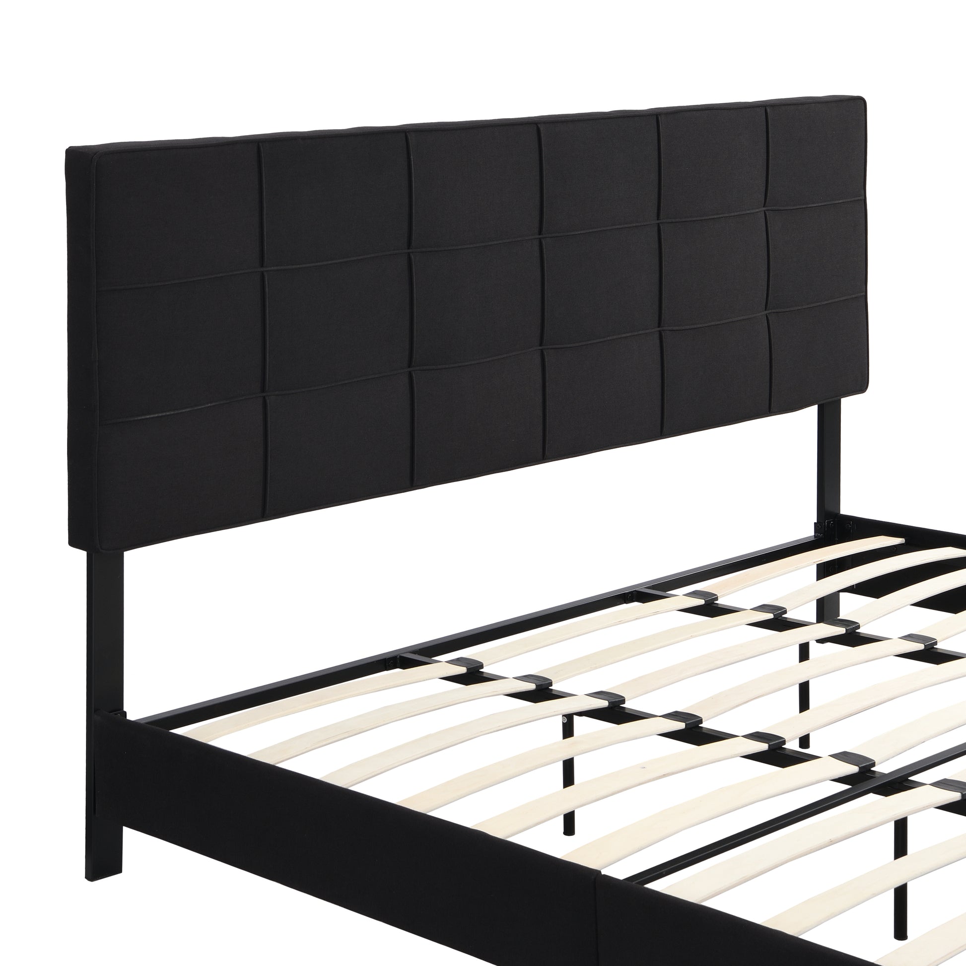 King Size Upholstered Platform Bed Frame With Linen Fabric Headboard, No Box Spring Needed, Wood Slat Support, Easy Assembly, Black Black Fabric