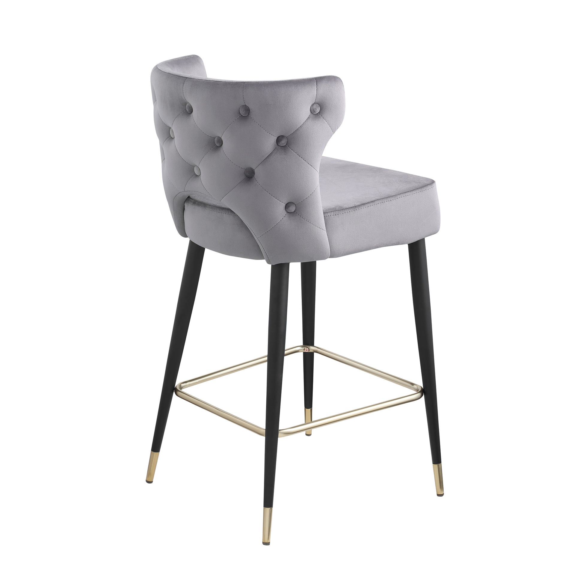 Contemporary Velvet Upholstered Counter Height Stool With Gold Tipped, Black Metal Legs, 22" W X 19" D X 38.5" H, Gray Gray Foam Metal