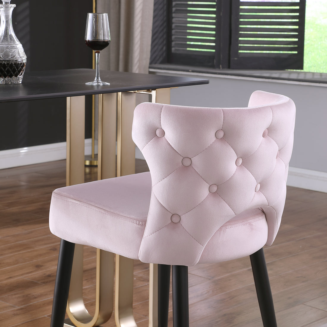 Woker Furniure Contemporary Velvet Upholstered Counter Height Stool With Gold Tipped, Black Metal Legs, 22" W X 19" D X 38.5" H, Light Pink Light Pink Foam Metal