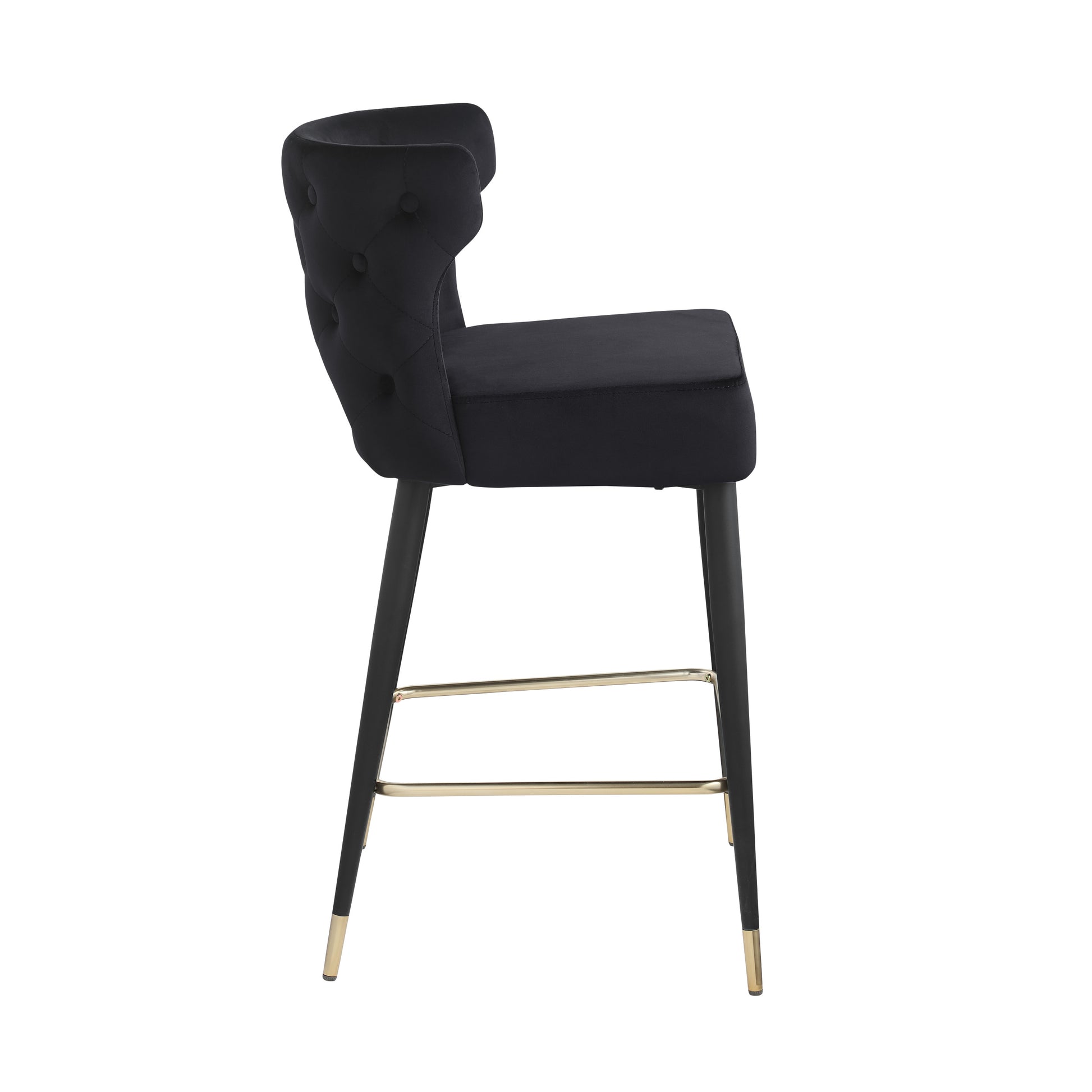 Contemporary Velvet Upholstered Counter Height Stool With Gold Tipped, Black Metal Legs, 22" W X 19" D X 38.5" H, Black Black Foam Metal