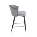Contemporary Velvet Upholstered Counter Height Stool With Deep Channel Tufting And Gold Tipped, Black Metal Legs, 20