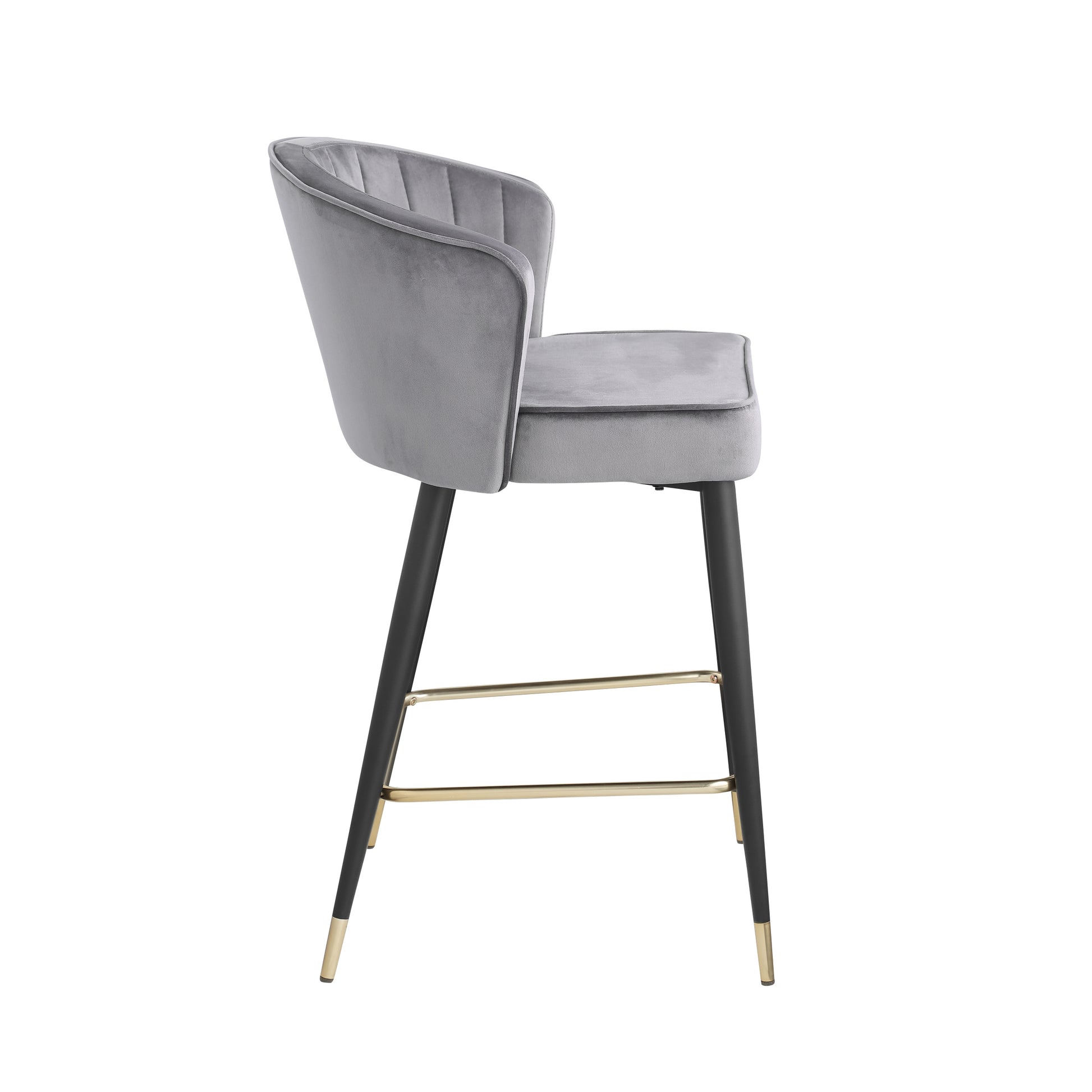 Contemporary Velvet Upholstered Counter Height Stool With Deep Channel Tufting And Gold Tipped, Black Metal Legs, 20" W X 21" D X 36.5" H, Gray Gray Foam Metal