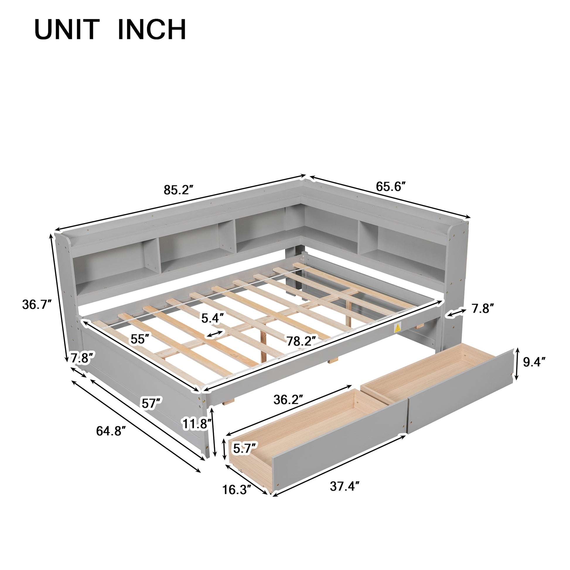 Full Bed With L Shaped Bookcases, Drawers ,Grey Full Grey Pine