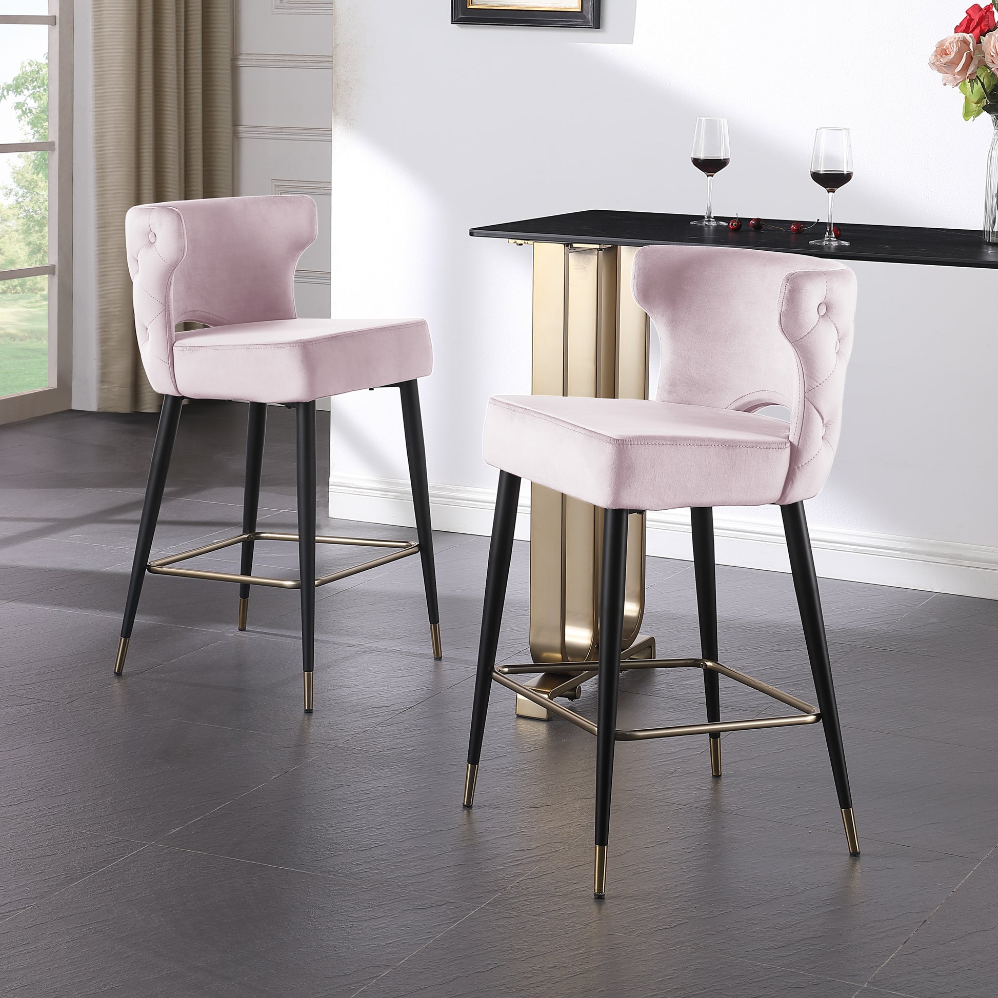Woker Furniure Contemporary Velvet Upholstered Counter Height Stool With Gold Tipped, Black Metal Legs, 22" W X 19" D X 38.5" H, Light Pink Light Pink Foam Metal