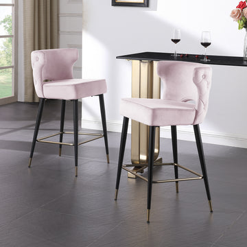 Woker Furniure Contemporary Velvet Upholstered Counter Height Stool With Gold Tipped, Black Metal Legs, 22" W X 19" D X 38.5" H, Light Pink Light Pink Foam Metal
