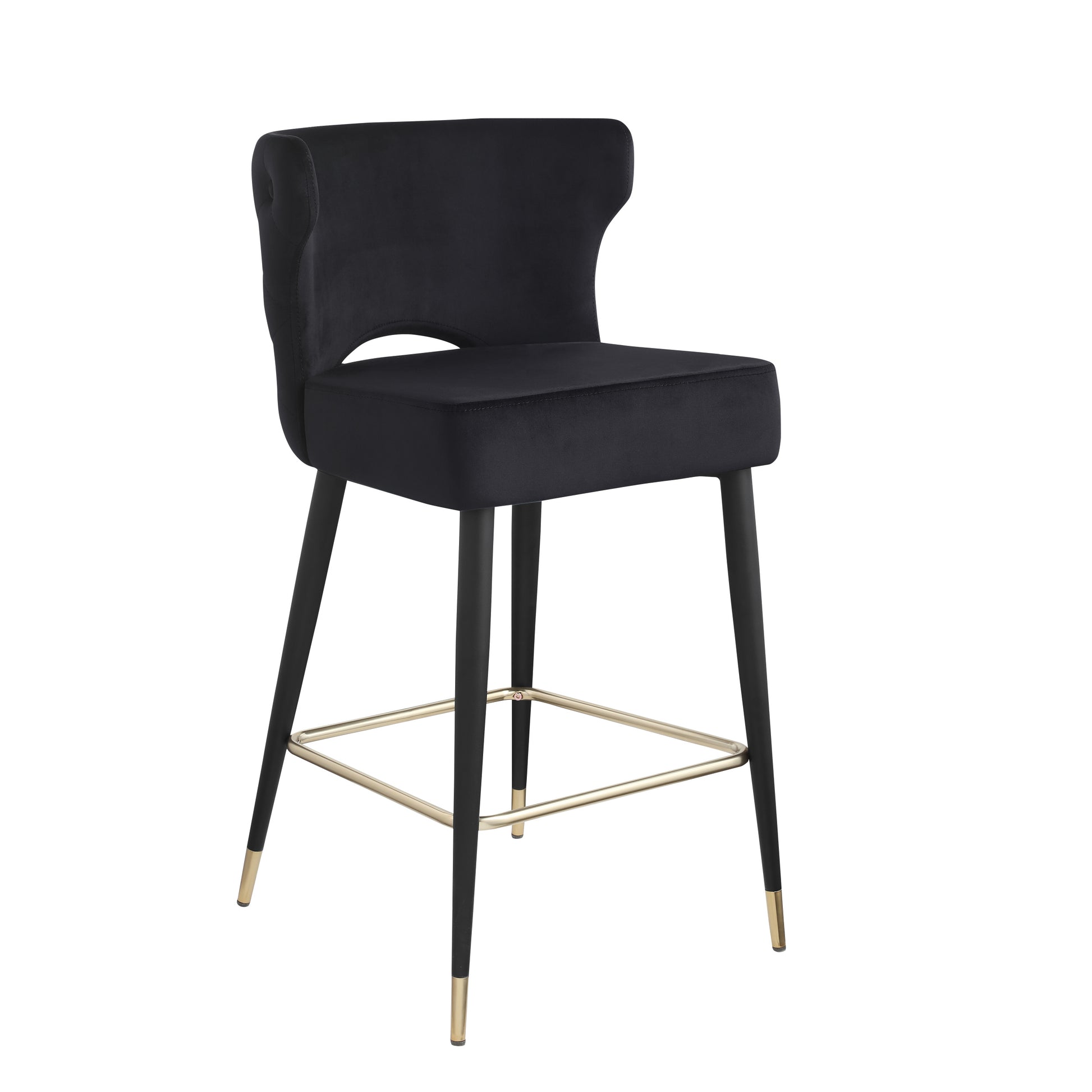 Contemporary Velvet Upholstered Counter Height Stool With Gold Tipped, Black Metal Legs, 22" W X 19" D X 38.5" H, Black Black Foam Metal