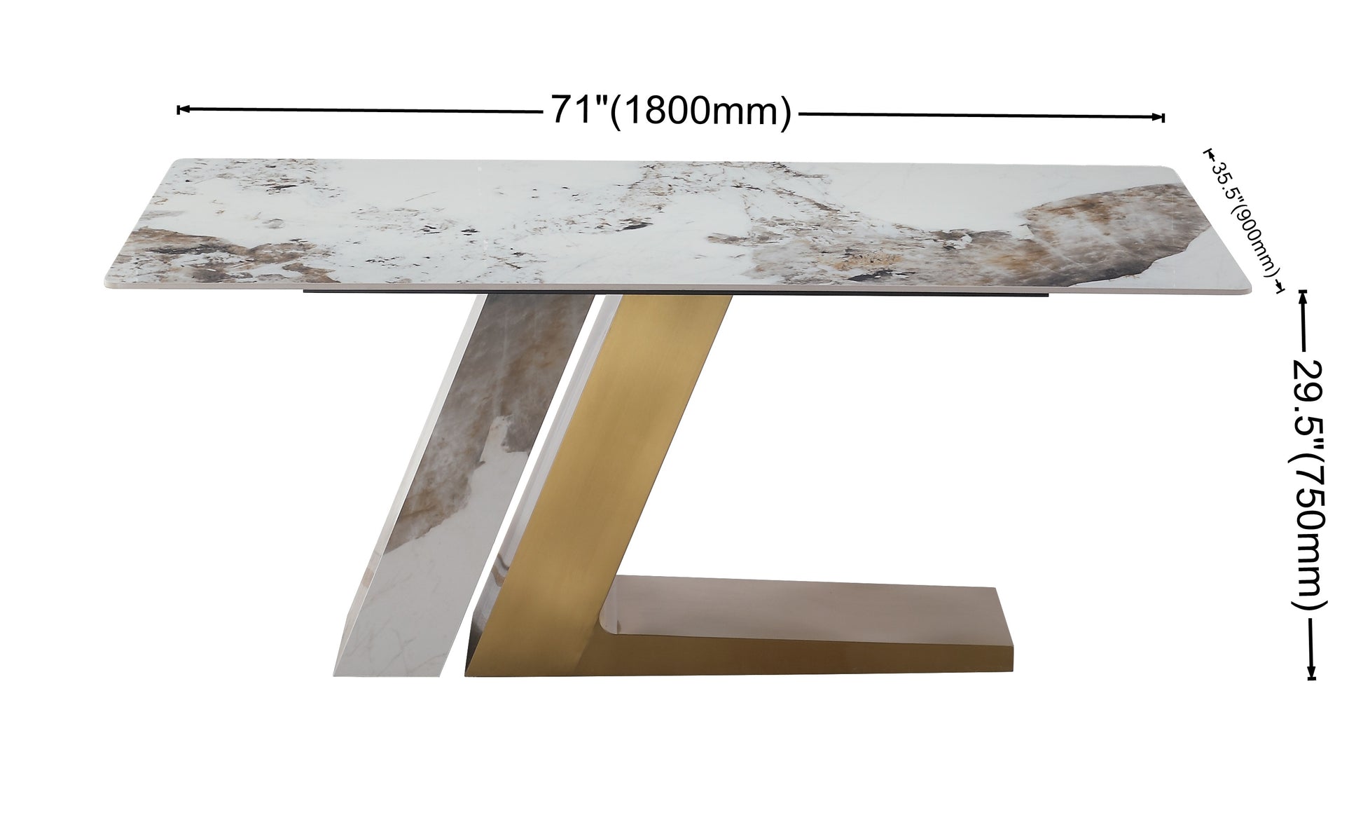 71"Modern Rectangle Dining Table For 6 8 Seat, Marble Dining Table With Sintered Stone Pandora Tabletop And L Shape Stainless Steel & Stone Slate Base Only Table Brown White Metal Metal