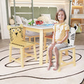 5 Piece Kiddy Table And Chair Setkids Wood Table With 4 Chairs Set Cartoon Animals Bigger Table 3 8 Years Old White Solid Wood