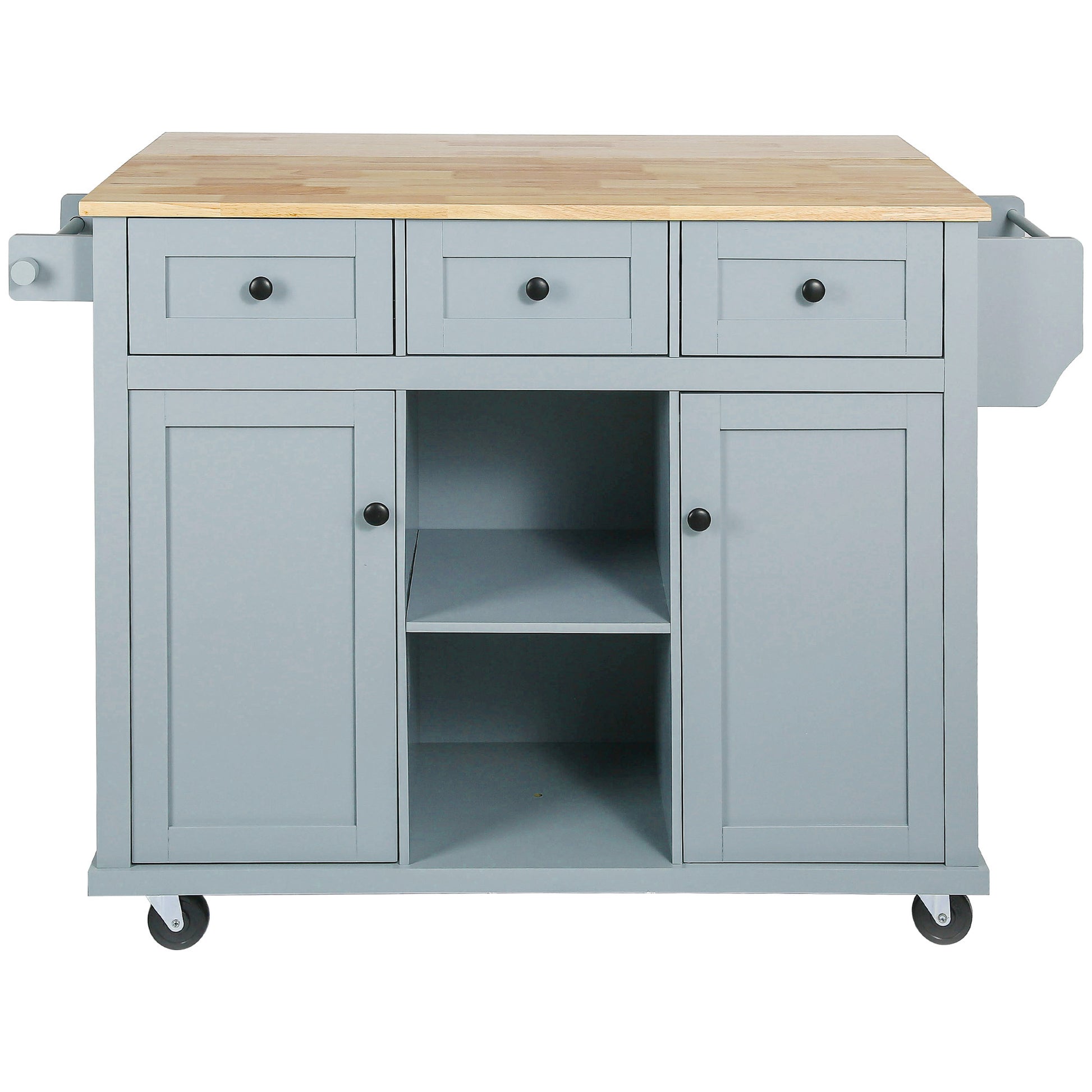 Kitchen Cart With Rubber Wood Drop Leaf Countertop ,Cabinet Door Internal Storage Racks,Kitchen Island On 5 Wheels With Storage Cabinet And 3 Drawers For Dinning Room, Grey Blue Blue Mdf