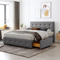 Upholstered Platform Bed With Classic Headboard And 4 Drawers, No Box Spring Needed, Linen Fabric, Queen Size Light Gray Light Gray Upholstered