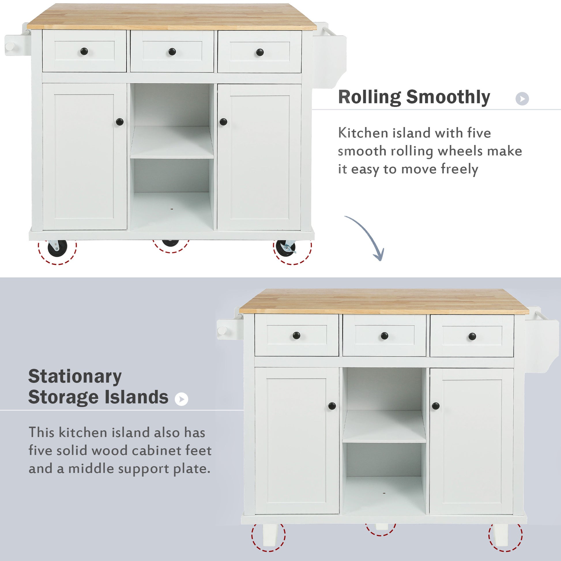 Kitchen Cart With Rubber Wood Drop Leaf Countertop ,Cabinet Door Internal Storage Racks,Kitchen Island On 5 Wheels With Storage Cabinet And 3 Drawers For Dinning Room,White White Mdf