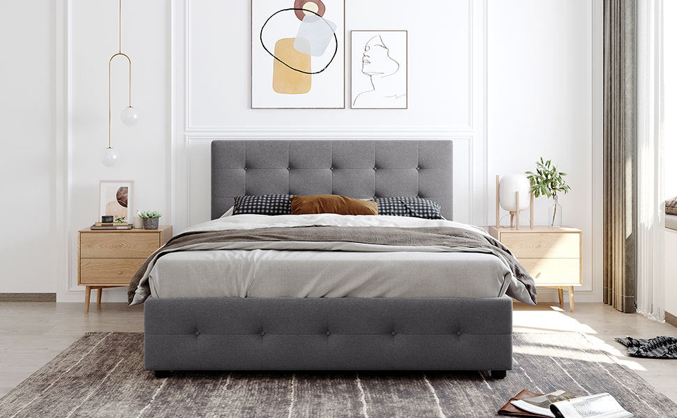 Upholstered Platform Bed With Classic Headboard And 4 Drawers, No Box Spring Needed, Linen Fabric, Queen Size Light Gray Light Gray Upholstered