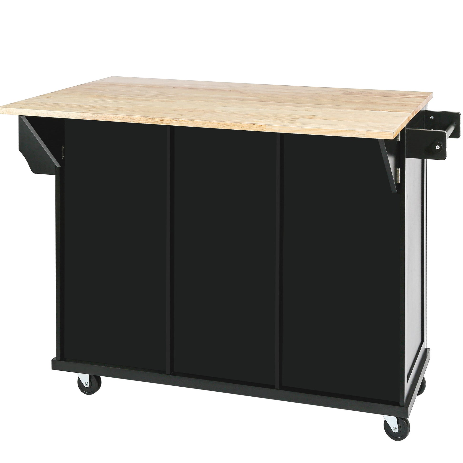 Kitchen Cart With Rubber Wood Drop Leaf Countertop ,Cabinet Door Internal Storage Racks,Kitchen Island On 5 Wheels With Storage Cabinet And 3 Drawers For Dinning Room, Black Black Mdf