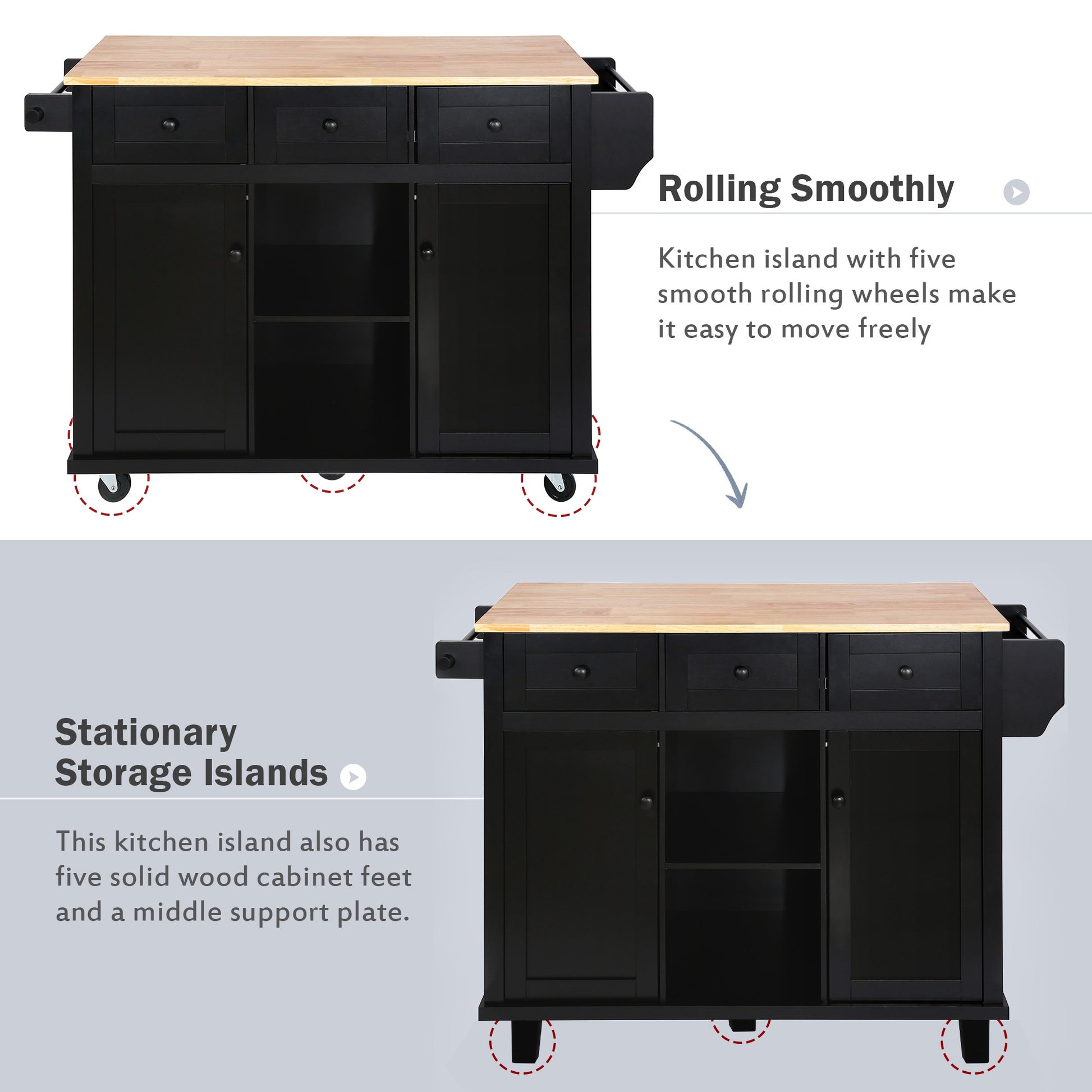 Kitchen Cart With Rubber Wood Drop Leaf Countertop ,Cabinet Door Internal Storage Racks,Kitchen Island On 5 Wheels With Storage Cabinet And 3 Drawers For Dinning Room, Black Black Mdf