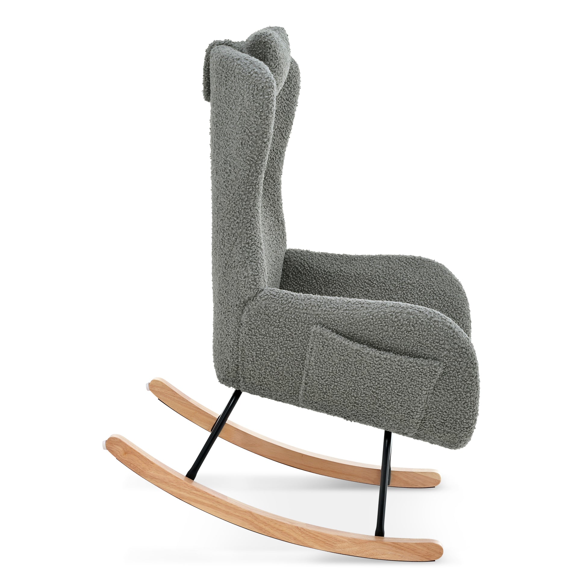 Rocking Chair Nursery, Teddy Upholstered Rocker Glider Chair With High Backrest, Adjustable Headrest & Pocket, Comfy Glider Chair For Nursery, Bedroom, Living Room, Offices, Rubber Wood, Gray Gray Polyester