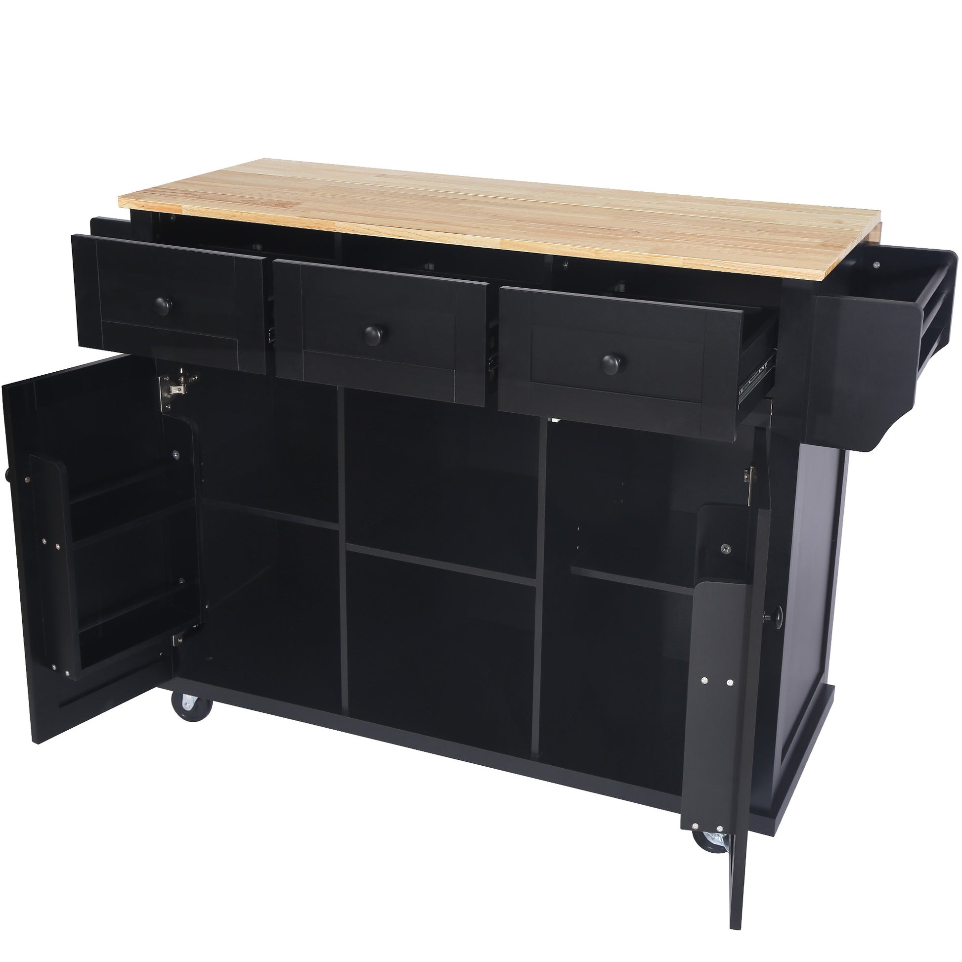 Kitchen Cart With Rubber Wood Drop Leaf Countertop ,Cabinet Door Internal Storage Racks,Kitchen Island On 5 Wheels With Storage Cabinet And 3 Drawers For Dinning Room, Black Black Mdf