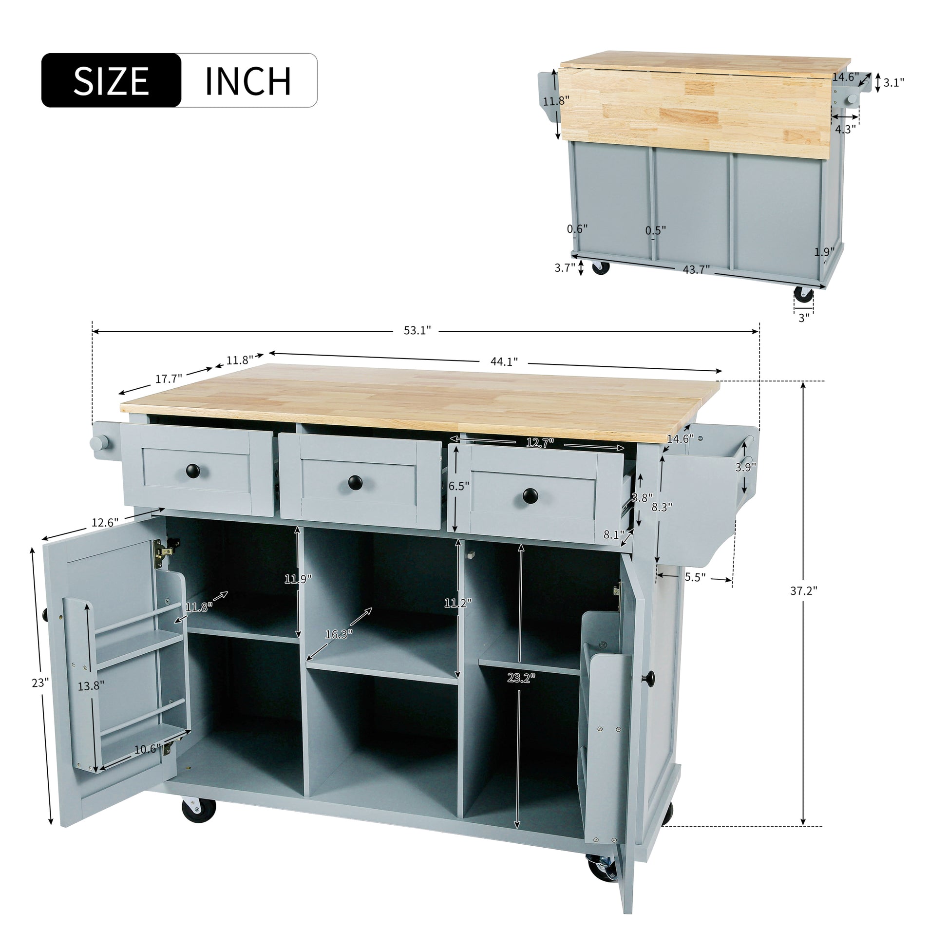 Kitchen Cart With Rubber Wood Drop Leaf Countertop ,Cabinet Door Internal Storage Racks,Kitchen Island On 5 Wheels With Storage Cabinet And 3 Drawers For Dinning Room, Grey Blue Blue Mdf