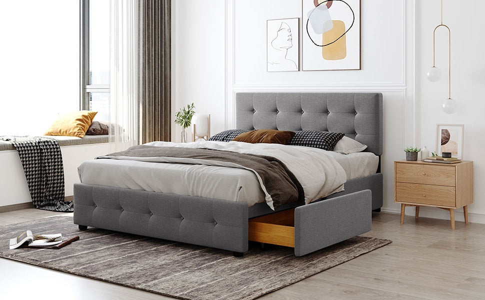 Upholstered Platform Bed With Classic Headboard And 4 Drawers, No Box Spring Needed, Linen Fabric, Queen Size Light Gray Light Gray Upholstered