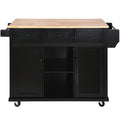 Kitchen Cart With Rubber Wood Drop Leaf Countertop ,Cabinet Door Internal Storage Racks,Kitchen Island On 5 Wheels With Storage Cabinet And 3 Drawers For Dinning Room, Black Black Mdf