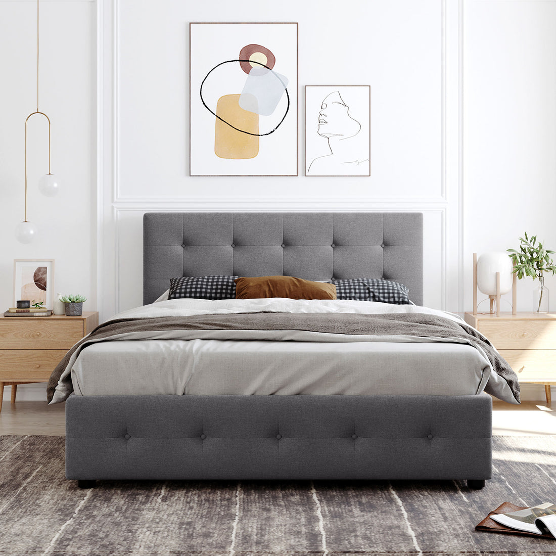 Upholstered Platform Bed With Classic Headboard And 4 Drawers, No Box Spring Needed, Linen Fabric, Queen Size Light Gray Light Gray Upholstered