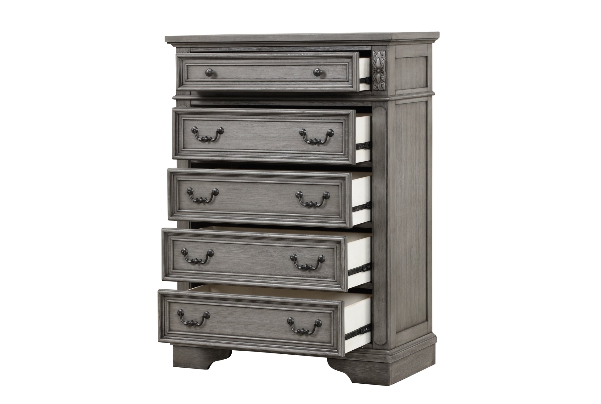 Grace Traditional Style 5 Drawer Chest Made With Wood In Rustic Gray Sliding Gray Drawer 5 Drawers & Above Bedroom Ball Bearing Glides Traditional Antique Solid Wood Mdf Wood